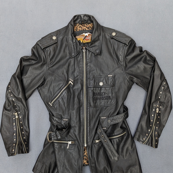 Harley-Davidson Womens Black Belted Leather Motorcycle Jacket Medium Bikercore - Picture 1 of 15
